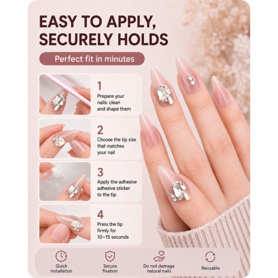 Nude‑Pink Gradient Long Stiletto Almond Press‑On Nails, Luxury Large Square Rhinestone Gorgeous Elegant False Nails